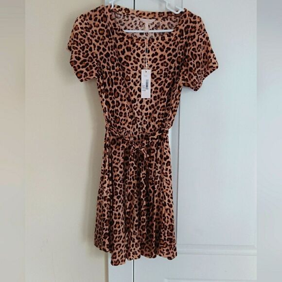 Rebecca Taylor Tie-Front Linen Leopard Print Short Jersey Dress - Picture 1 of 13